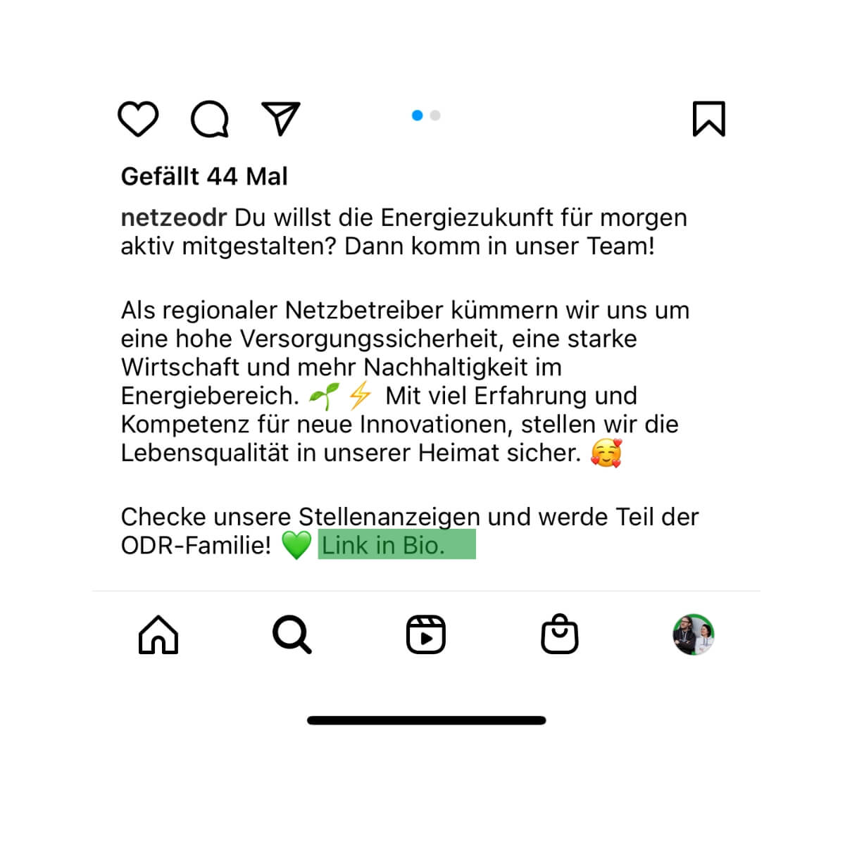 Stellenanzeige auf Instagram: kurzer Text mit Link in Bio