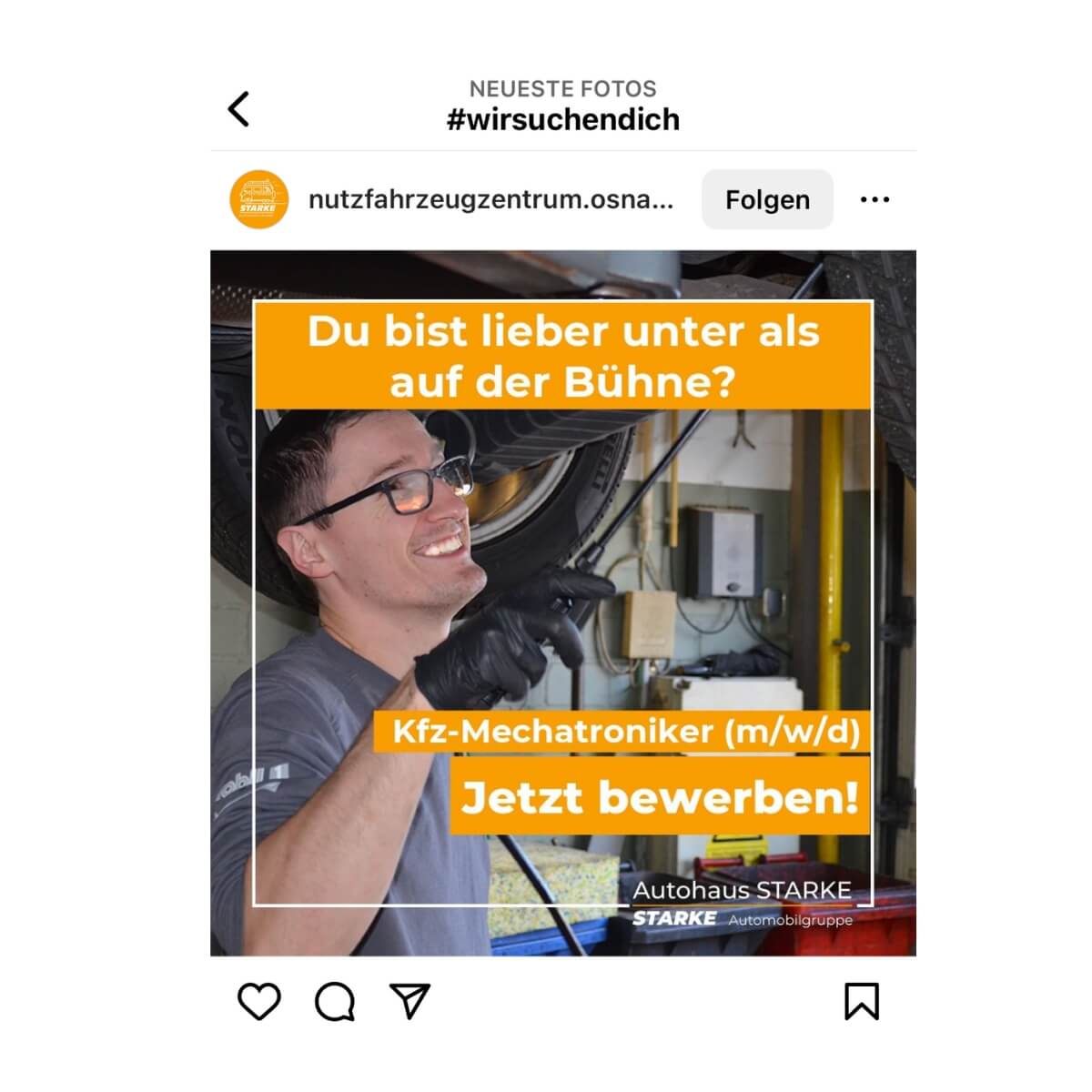 Stellenanzeige auf Instagram vom Nutzfahrzeugzentrum Osnabrück mit klarer Bildsprache