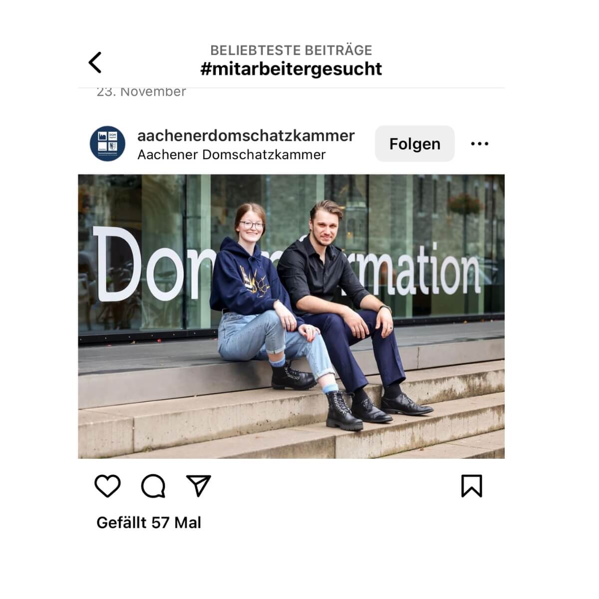 Mitarbeiter der Aachener Domschatzkammer in der Stellenanzeige auf Instagram
