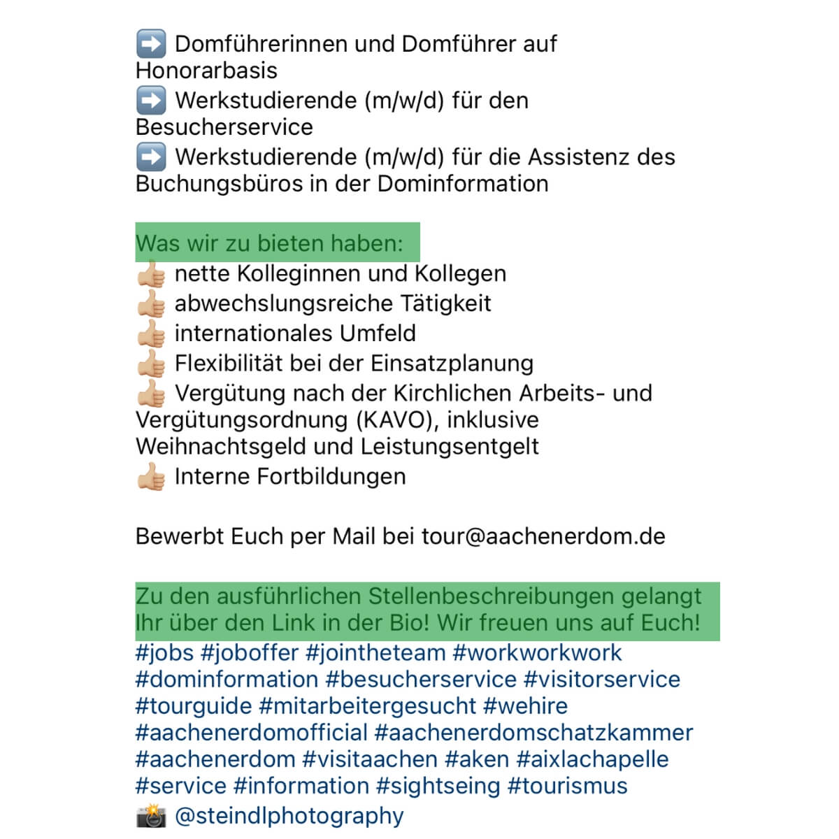 Stellenanzeige auf Instagram der Aachener Domschatzkammer mit Was wir bieten und Link in Bio