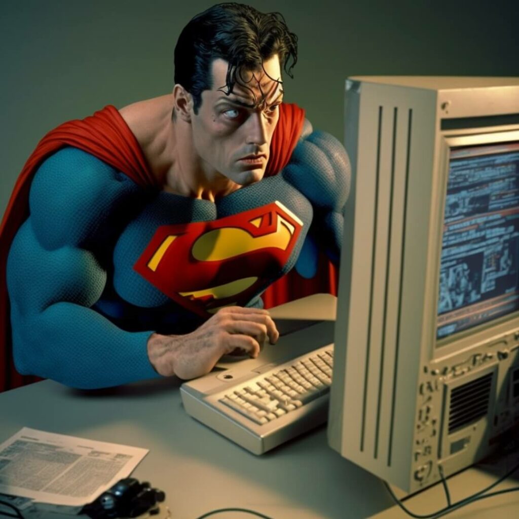 Superman nutzt seinen Computer um auf Linkedin nach neuen Mitarbeitern zu suchen