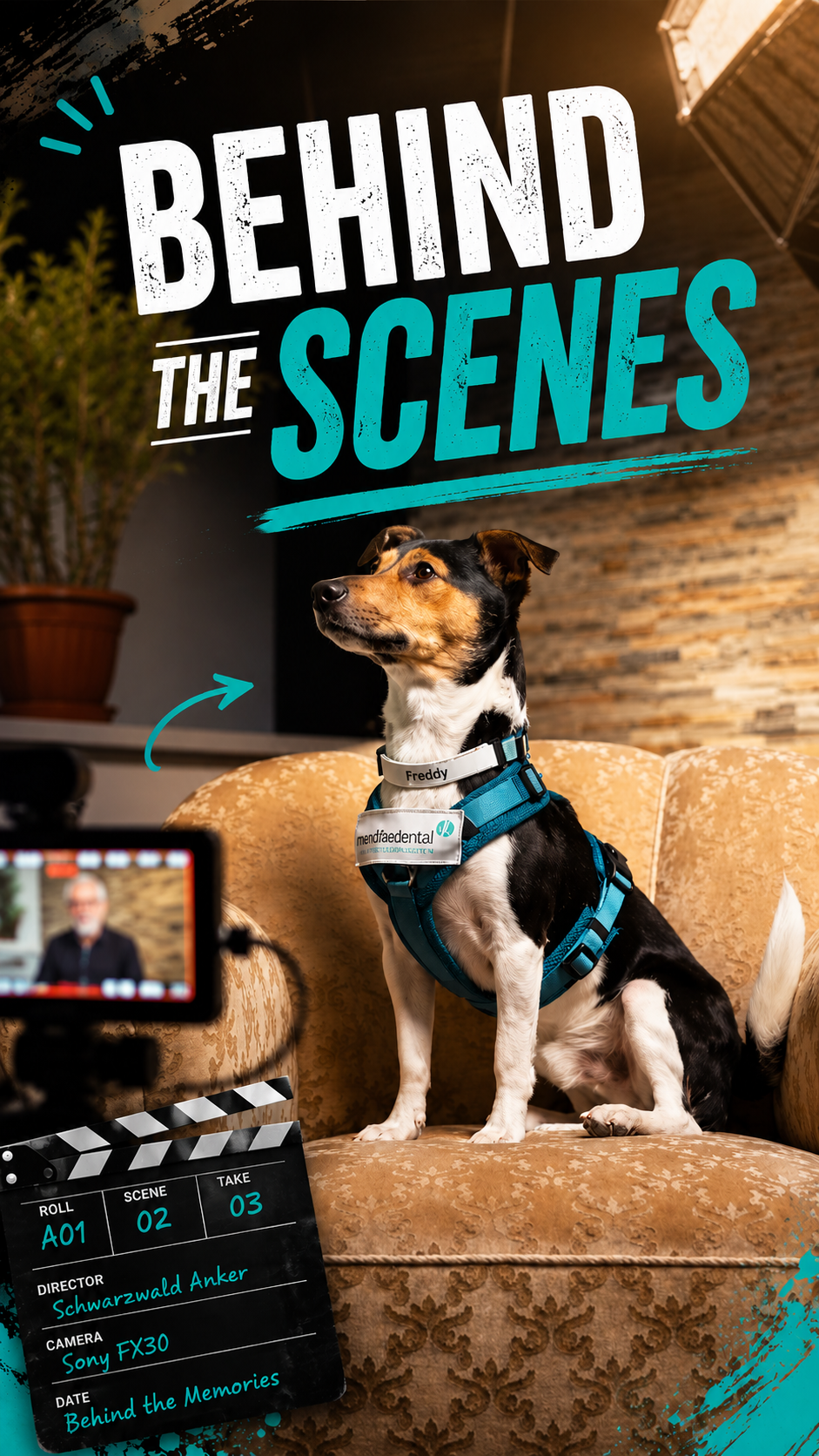 Behind the Scenes mit Laborhund Freddy beim Dreh für Wandtke Dental in Dömitz