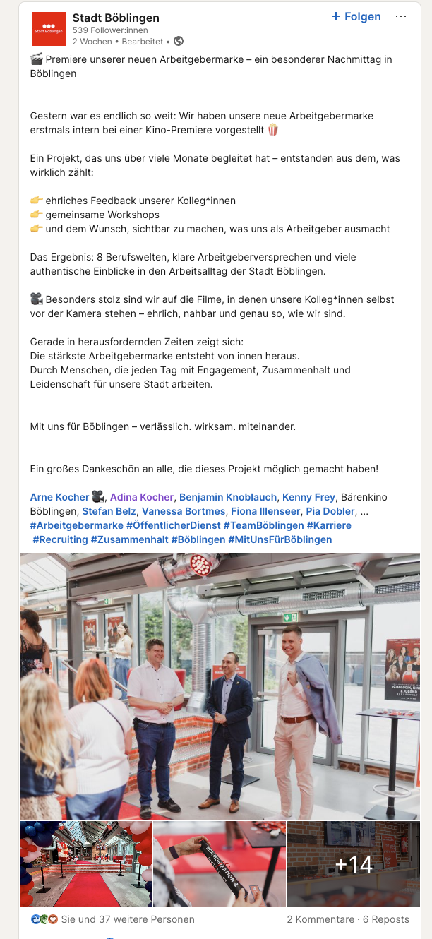LinkedIn-Beitrag der Stadt Böblingen zur Kino-Premiere der neuen Arbeitgebermarke