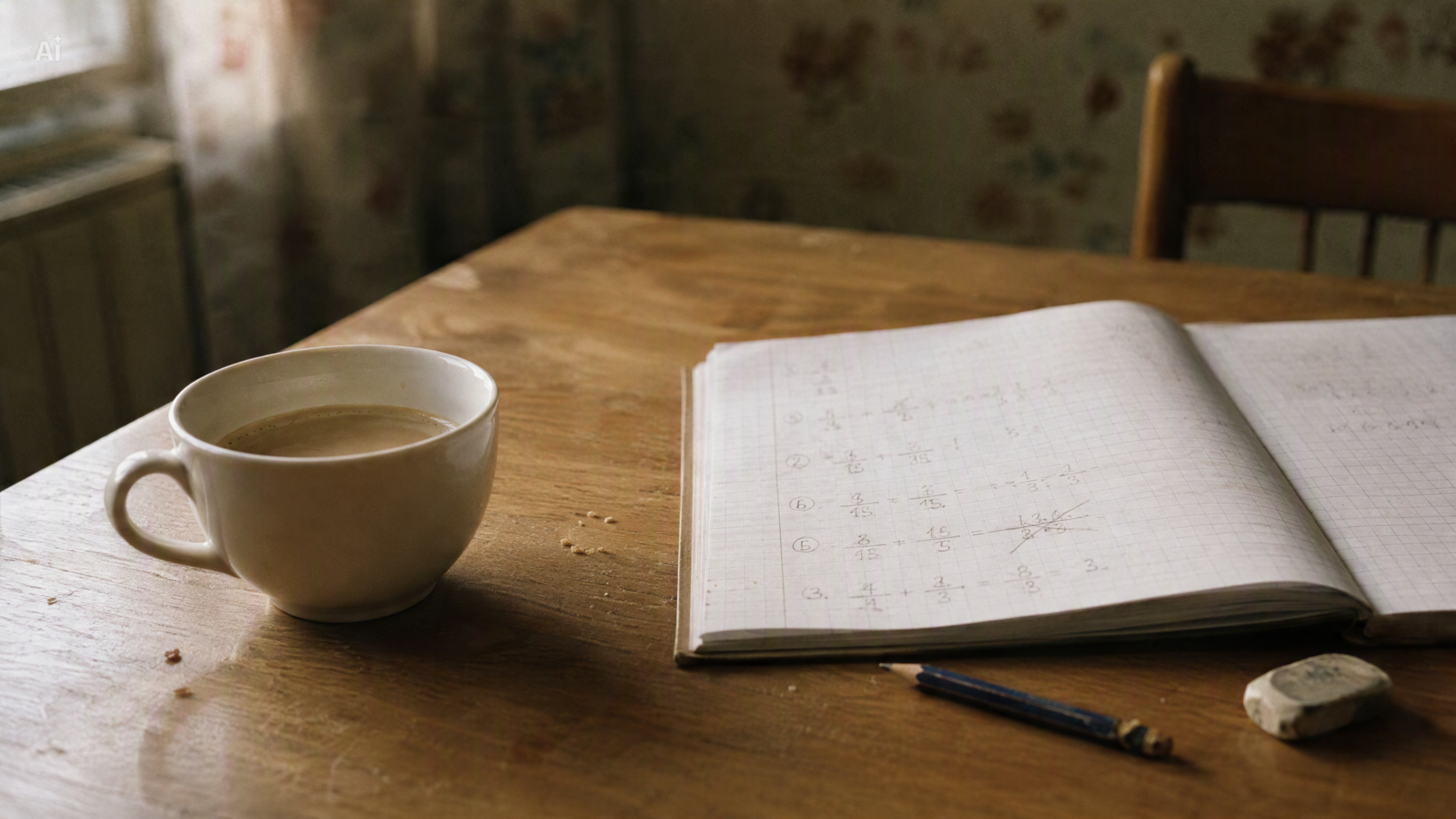 Ein Küchentisch mit einer Tasse Milchkaffee und einem aufgeschlagenen Matheheft mit Bruchrechnungen