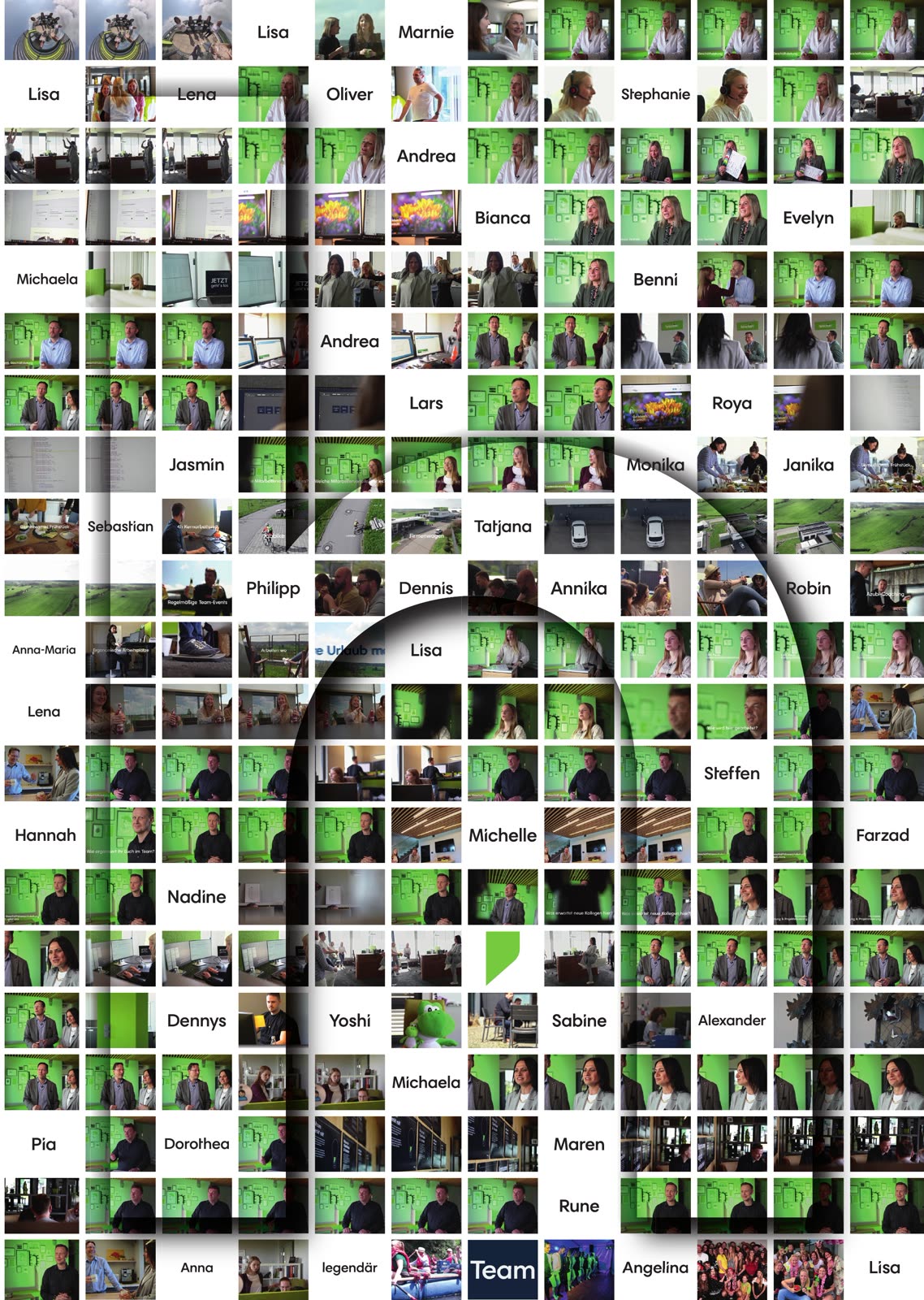 Kinoplakat der hitcom-Premiere: Foto-Mosaik aus Filmstills mit den Namen des Teams