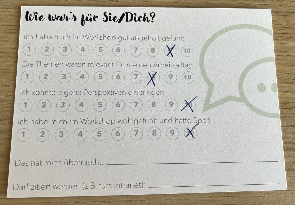 Ausgefüllte anonyme Bewertungskarte nach dem Arbeitgebermarken-Workshop der Stadt Böblingen