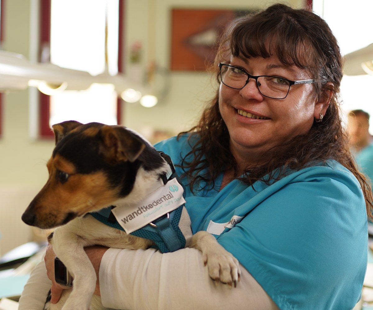Wandtke Dental-Technik in Dömitz: Mitarbeiterin Viktoria mit Bürohund Freddy im Dentallabor